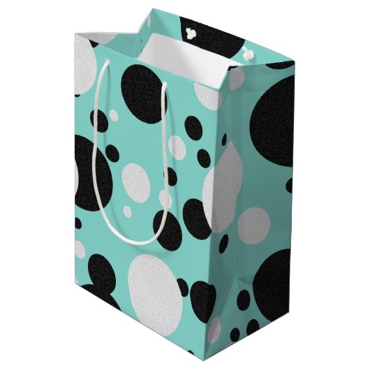 花嫁及びCOのティール(緑がかった色)の青い水玉模様の結婚披露宴の好意 ミディアムペーパーバッグ (裏面アングル)
