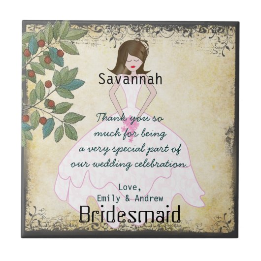 花嫁渦巻形の付き有難う木でガウンを着て タイル (正面)