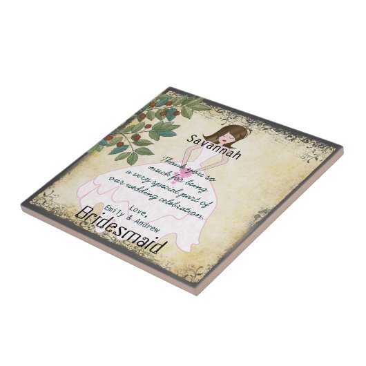 花嫁渦巻形の付き有難う木でガウンを着て タイル (側面)