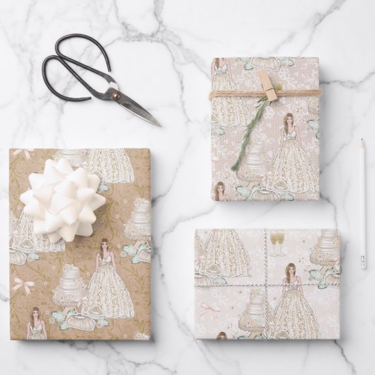 花嫁結婚ケーキ金ゴールドグリッター ラッピングペーパーシート (正面)