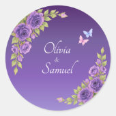 花嫁花婿の名前 紫と薄紫の花と白 ラウンドシール (正面)