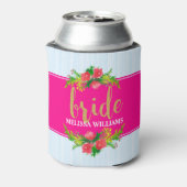 花嫁金ゴールド文字、フローラブーケオンホットピンク&ブルー 缶クーラー (缶裏面)