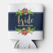 花嫁金ゴールド文字、フローラブーケオンホワイト&ブルー 缶クーラー (正面)