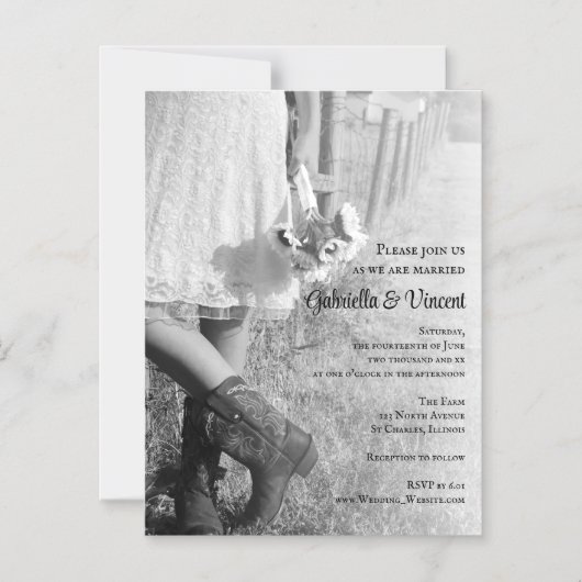 花嫁、カウボーイブーツとヒマワリの国の結婚式 マグネット招待状 (正面)