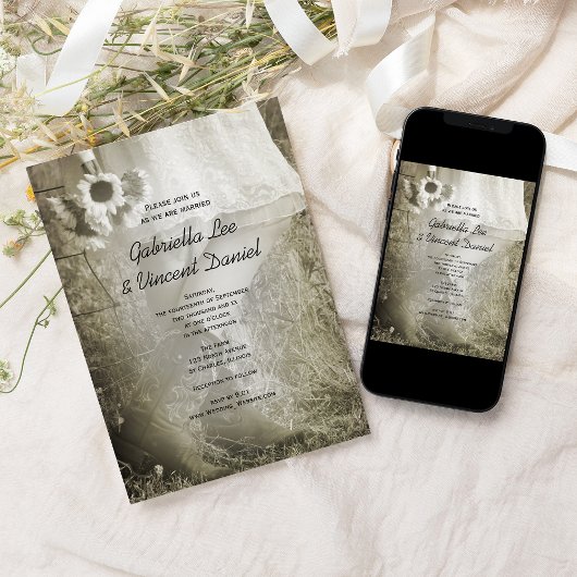 花嫁、カウボーイブーツとヒマワリの国の結婚式 招待状