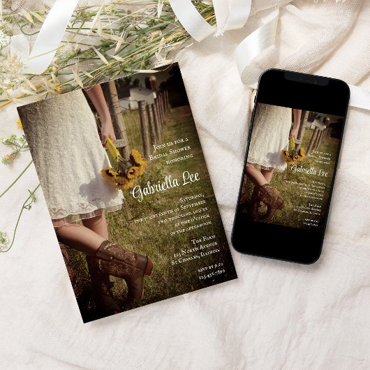 花嫁、カウボーイブーツとヒマワリブライダルシャワー 招待状