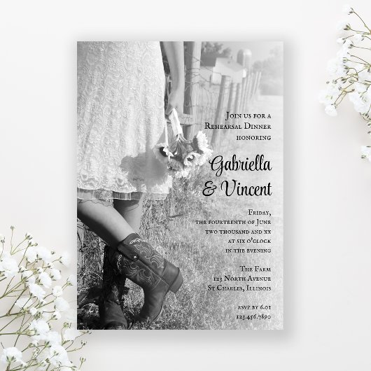 花嫁、カウボーイブーツ、ひまわりリハーサルディナー 招待状