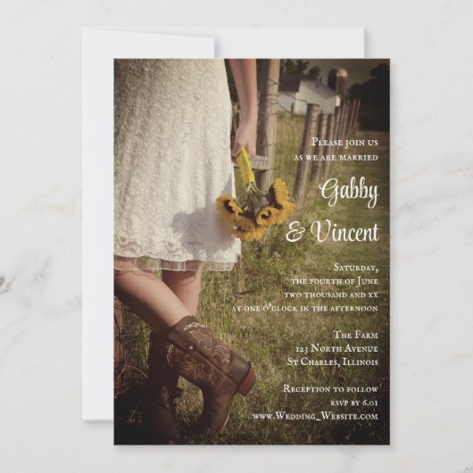 花嫁、カウボーイブーツ、ひまわり牧場結婚。 招待状 (正面)