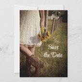 花嫁、カウボーイブーツ、サンフラワーファーム日付を保存 招待状 (正面)