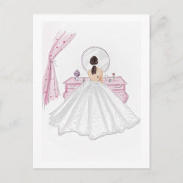 花嫁、ピンク、手描きイラストレーション ポストカード