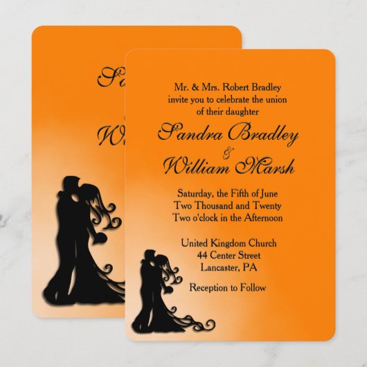 花嫁、花婿 オレンジとブラックの結婚式招待状 招待状 (正面/裏面)