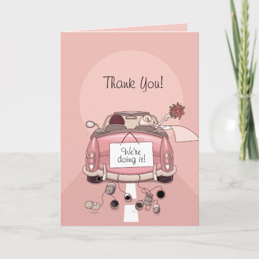 花嫁 & 花婿 ピンクの特別な車の感謝カード サンキューカード (正面)