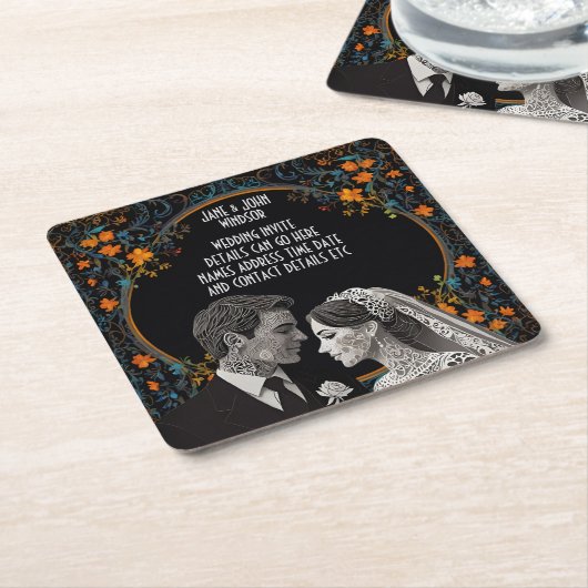 花嫁 & 花婿 繊細 クラシック スクエアペーパーコースター (アングル)