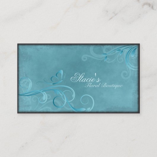 花屋の名刺のティール(緑がかった色)の青の渦巻の蝶 名刺 (正面)