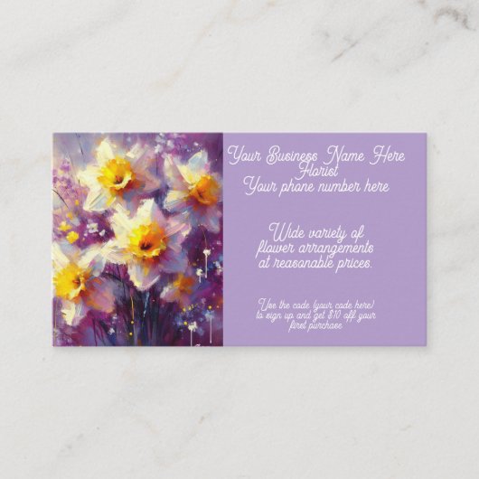花屋の花のアレンジメントダフォディルパープルイエロー 名刺 (正面)
