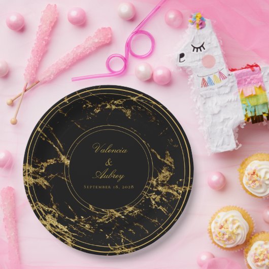 花崗岩と金ゴールド結婚の9インチディナーでの夜 ペーパープレート (パーティー)