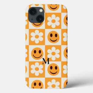 花市松模様にとオレンジの笑顔の顔カスタム iPhone 13ケース