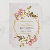 花幾何学模様大理石ゴールドピンク蘭の結婚式 招待状 (正面/裏面)