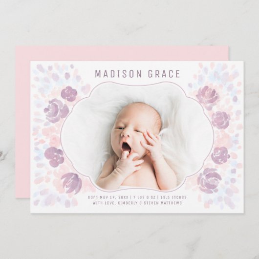 花弁ベビーガール誕生発表写真カード 案内状 (正面/裏面)
