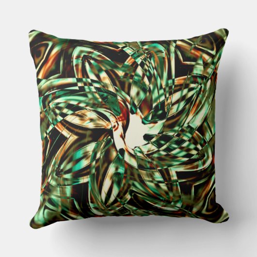 花形のメタリックな緑ストライプの、光沢のあるセピア クッション (裏面)