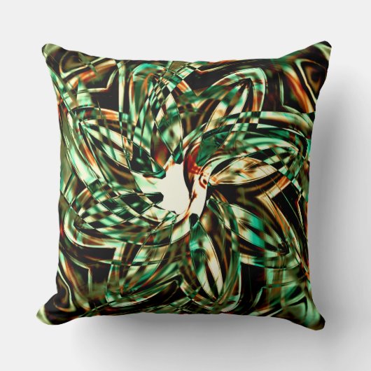 花形のメタリックな緑ストライプの、光沢のあるセピア クッション (正面)