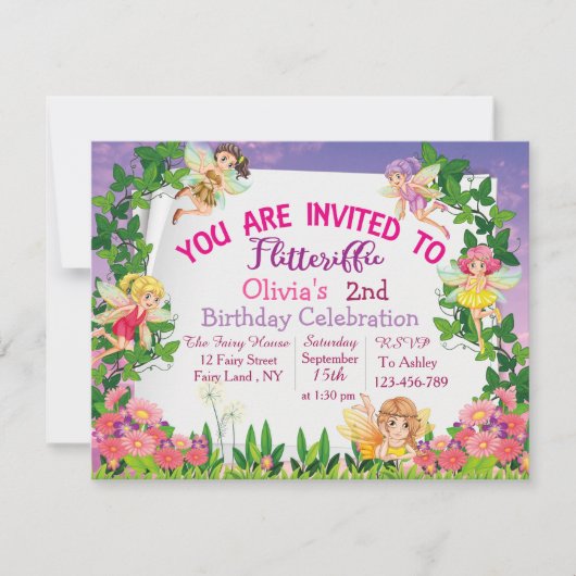 花形ピンクの魔法の妖精の国2nd誕生日 招待状 (正面)