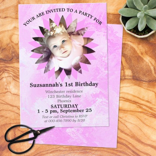 花形フォトピンク水彩テンプレート 招待状