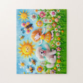 花感じ園の犬と子供 ジグソーパズル (縦)