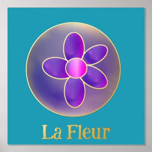 花抽象芸術紫ティール(緑がかった色)ホットピンク金ゴールド 箔ポスター (正面)