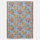 花数々のポット模様ブラックLブルーBG スローブランケット (正面縦)