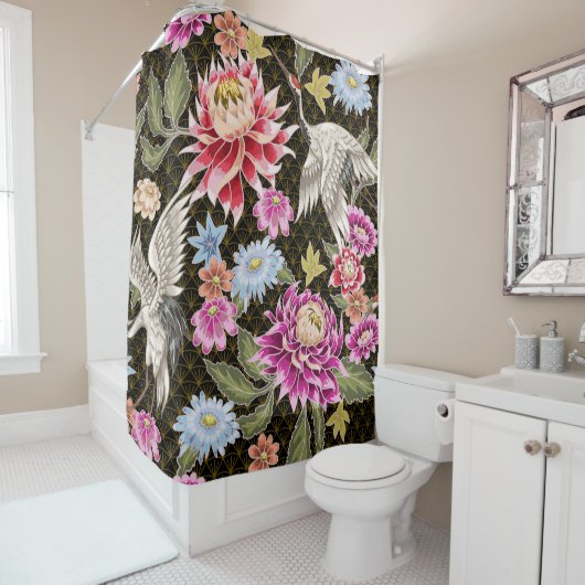 花日本のと白い鶴の模様 シャワーカーテン (インサイチュ)