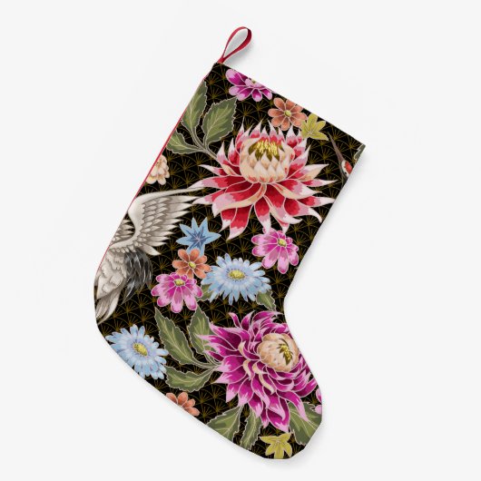 花日本のと白い鶴の模様 スモールクリスマスストッキング (正面 (吊り時))