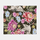 花日本のと白い鶴の模様 フリースブランケット (正面(横))