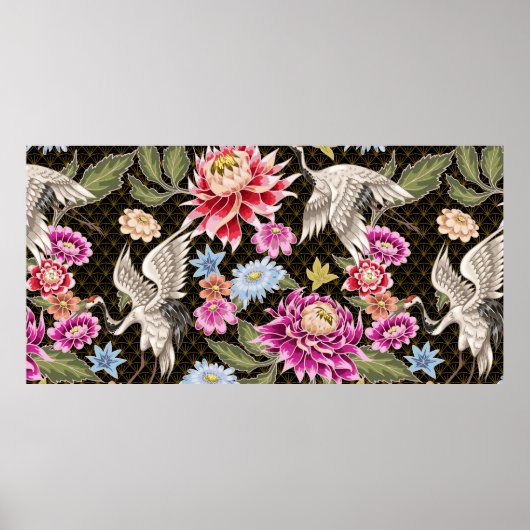 花日本のと鶴の模様 ポスター (正面)