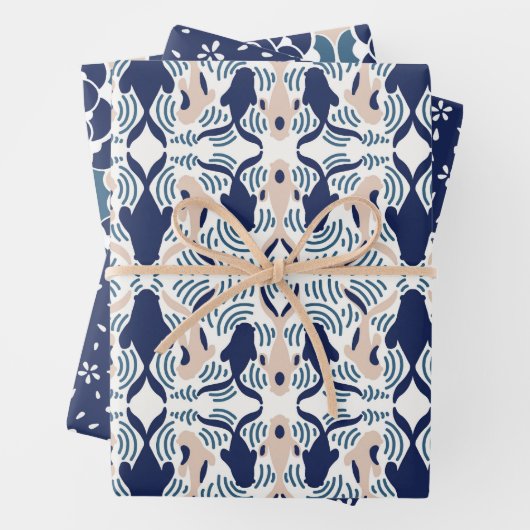 花日本のコイ魚白青クリーム ラッピングペーパーシート (インサイチュ)