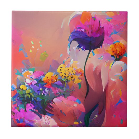 花明るい赤紫色イエローパープルデジタルアート タイル (正面)