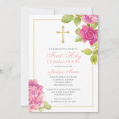 花最初聖餐の金ゴールドの十字のピンクのバラ 招待状 (正面)