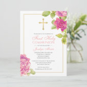 花最初聖餐の金ゴールドの十字のピンクのバラ 招待状 (スタンド正面)