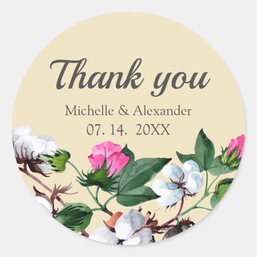 花木綿花。フローラ結婚の感謝 ラウンドシール (正面)