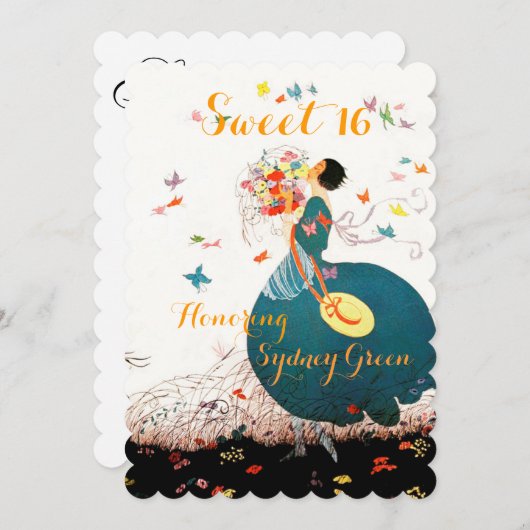 花束と蝶を持つ女性のスイート16 招待状 (正面/裏面)