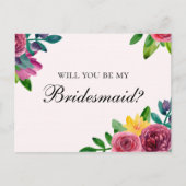花束のあなたへのお願い。ピンクの花を添えて 私のウェディングパーティに付いてきてくれる？ インビテーションポストカード (正面)