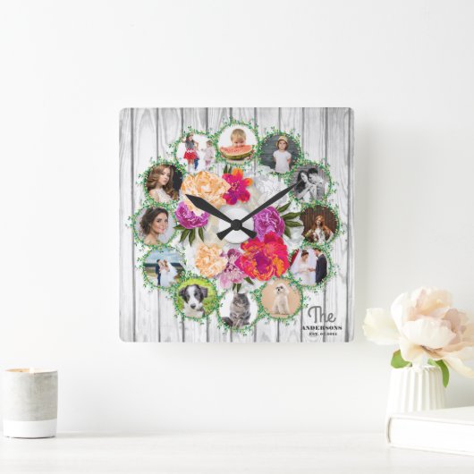 花束の家族のまわりに写真集 スクエア壁時計 (ホーム)