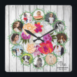 花束の家族のまわりに写真集 スクエア壁時計<br><div class="desc">家族写真は花束のまわりにの美しい方形の壁掛け時計をコラージュする。</div>