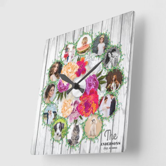 花束の家族のまわりに写真集 スクエア壁時計 (傾斜)