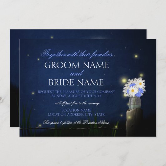 花束の素朴な結婚式招待状を持つホタル 招待状 (正面/裏面)