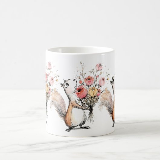 花束を持つかわいいリス コーヒーマグカップ (中央)
