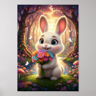花束を持つキュートな森のウサギ ポスター