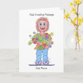 花束を持つ女性の漫画のグリーティングカード カード (黄色い花)