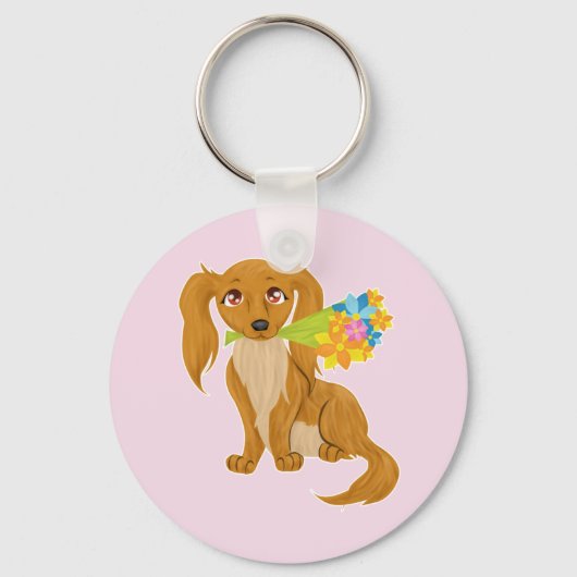花束を持つ子犬 キーホルダー (正面)
