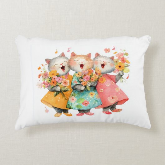 花束を持つ歌う猫たち アクセントクッション (正面)
